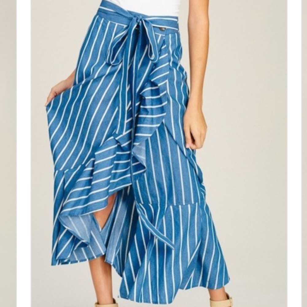 Ruffled Denim Wrap Striped Maxi Skirt - Picture 2 of 8